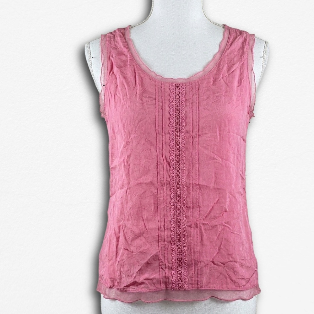 J Jill Pink Rayon Sleeveless Shell Top Crochet Lace Trim Mesh Hem XS